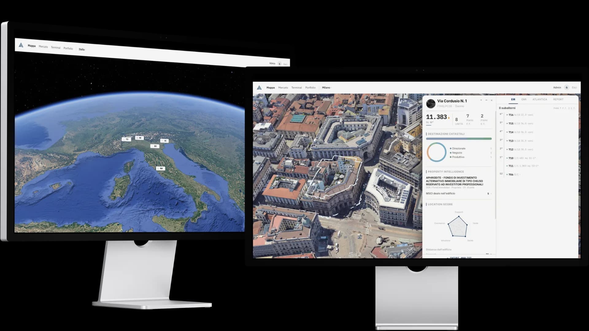 Atlantica Mappa · vista 3D Italia e dettaglio Milano Cordusio